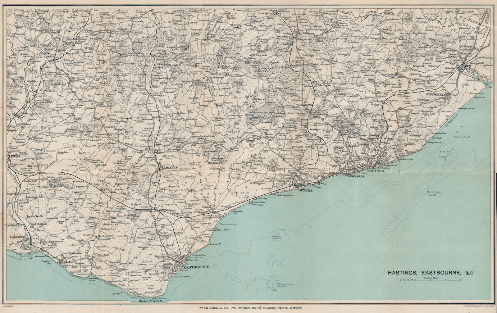 EAST SUSSEX COAST. Hastings Eastbourne Rye Bexhill Beachy Head 1911 old map